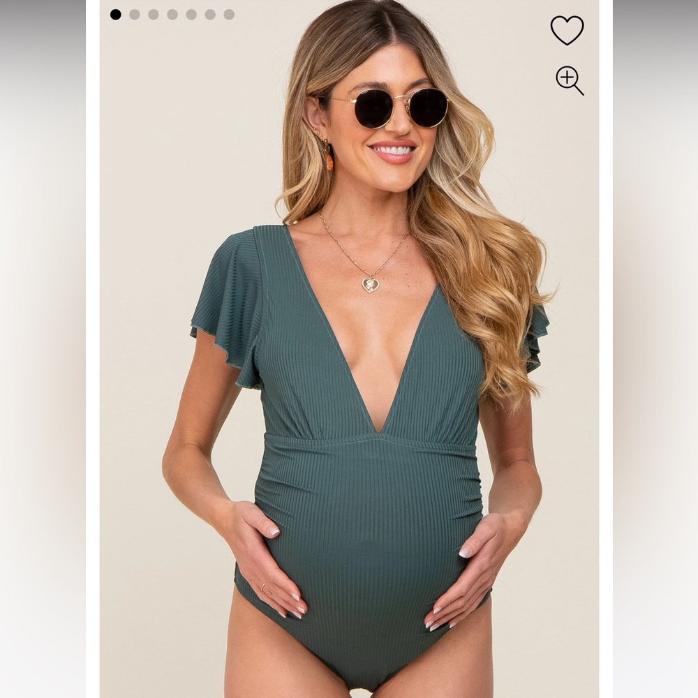 Pink Blush Forest Green Deep V-Neck Flounce Maternity One Piece Swimsuit size M